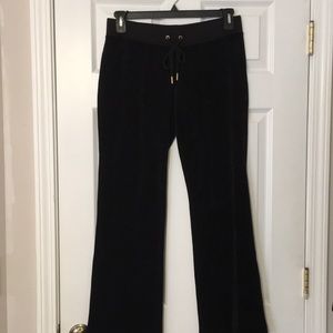Juicy Couture, M, black velour mid rise pants, never worn, gold accents